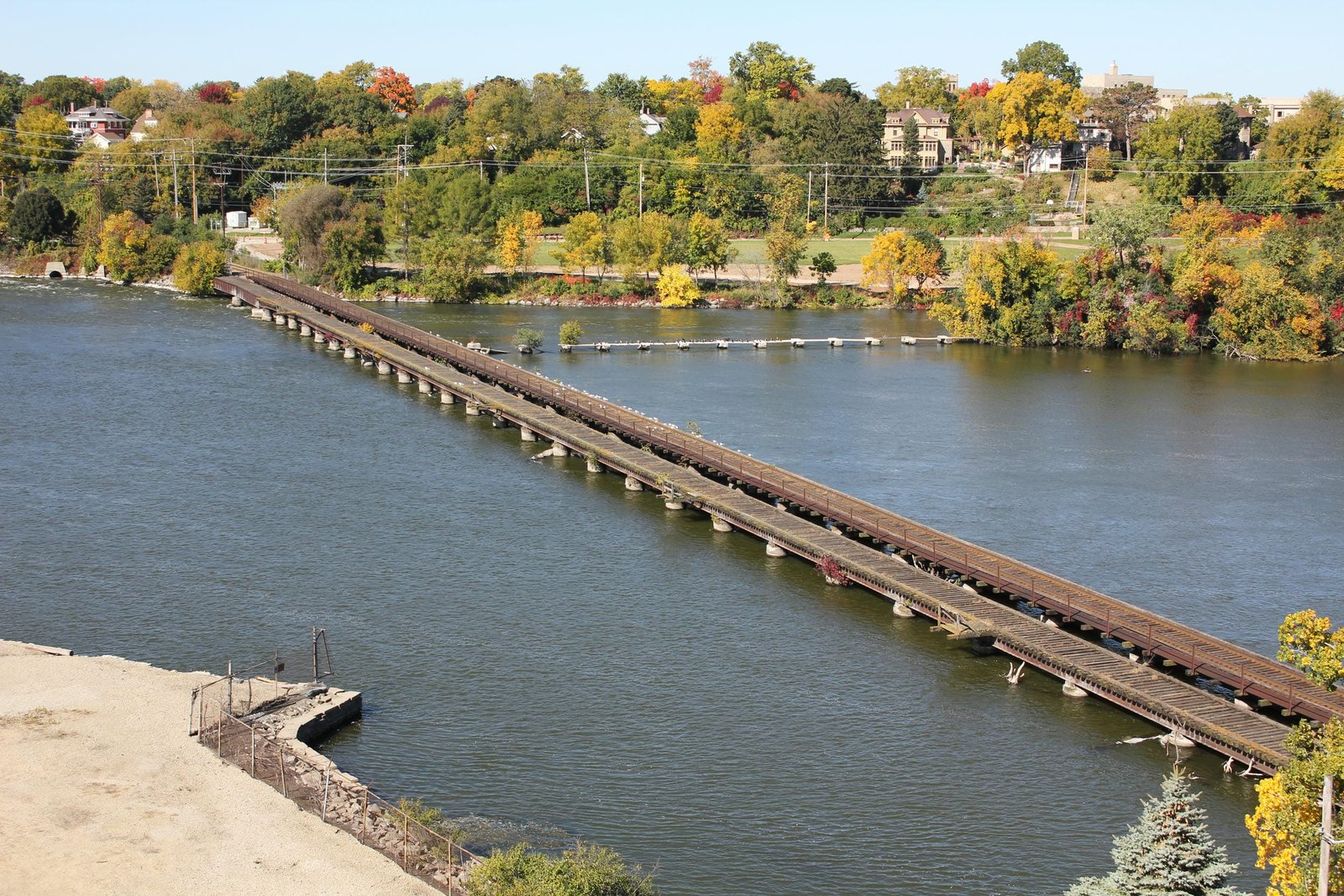 Overview from Oneida Street Bridge.  C&NW bridge in back, Milwaukee Road bridge in front